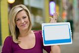 Woman with blank white sign for text