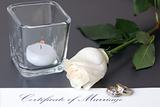 Wedding Rings with white rose & marriage certificate ad series