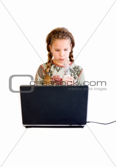 Blond child with notebook drinking