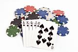 A royal straight flush hand with colored poker chips.