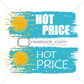 hot price with yellow sun sign, blue drawn labels