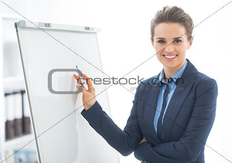 Portrait of happy business woman near flipchart