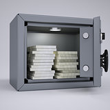 Wads of cash in an open metal safe