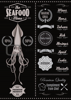 menu template with squid for seafood restaurant
