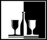 black and white background with bottle and wine glass