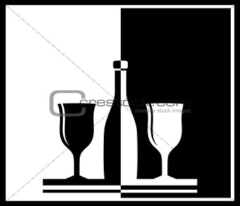 black and white background with bottle and wine glass