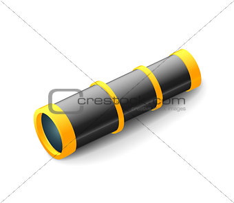 Vintage spyglass, black and white color, closeup isolated on white