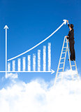 business man writing growth bar chart with sky background