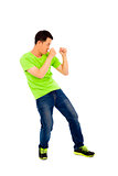 young man imitate boxing ready pose