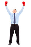 Excited businessman raises arms with gloves