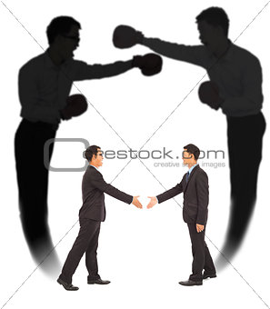 Asian businessman handshake with fighting shadow