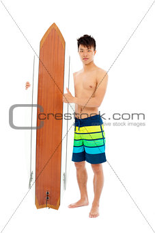 young man thumb up with surfboard