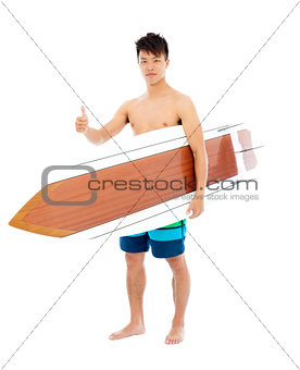 young surfer holding a surfboard and thumb up