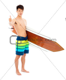 surfer holding a surfboard and thumb up