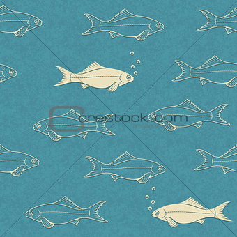 Seamless pattern of swimming fish with bubbles
