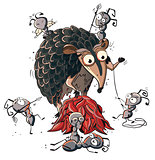 Fight between a cartoon ant-eater and ants. Print for t-shirt