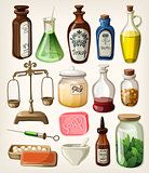 Set of vintage apothecary and medical vector supplies