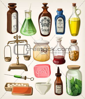 Set of vintage apothecary and medical vector supplies