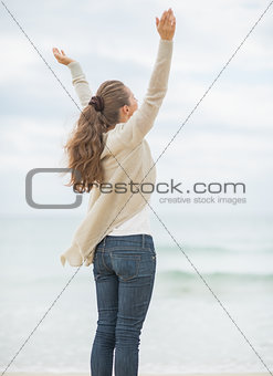 Young woman on cold beach rejoicing success. rear view