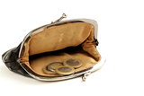 open old fashioned purse with euro coins on white background
