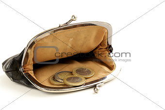 open old fashioned purse with euro coins on white background