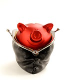 funny red Pig Piggy with old fashioned purse on white background