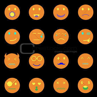 Emotion round face icons on black background