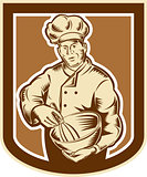 Baker Chef Cook Mixing Bowl Woodcut Retro