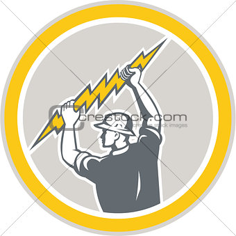 Electrician Holding Lightning Bolt Side Retro