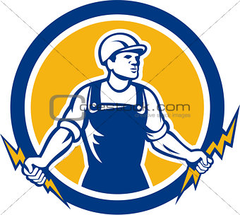 Electrician Holding Two Lightning Bolts Side Retro