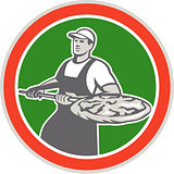 Baker Holding Peel With Pizza Circle Retro