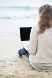 Young woman with laptop on cold beach. rear view