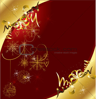 Red Christmas card with snowflakes and gold baubles