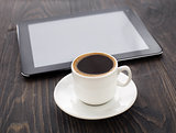 Cup of coffee and tablet