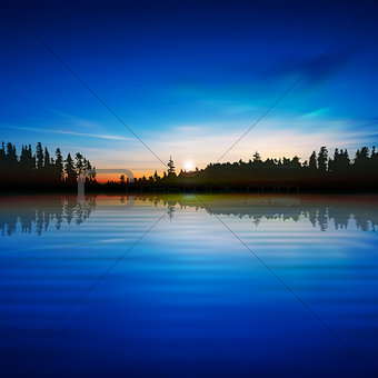 abstract nature blue background with forest lake and sunrise
