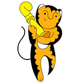 Cartoon tiger champion with a triumphant cup