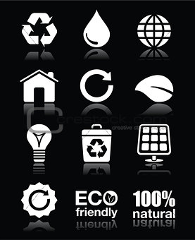 Ecology, green, recycling vector white icons set on black