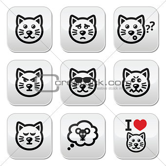 cat buttons set - happy, sad, angry isolated on white