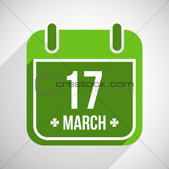 Saint Patrick's day flat calendar icon with long shadow. Vector background