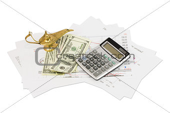 Dollars, calculator, graphics and lamp of Aladdin