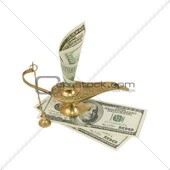 Dollar bill sticking out of magic lamp of Aladdin