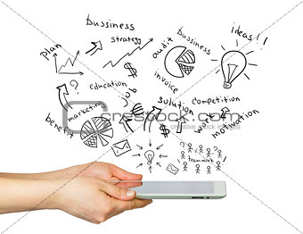 Hands, tablet and sketches business plan