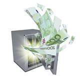 Euro banknotes are emitted from an open safe