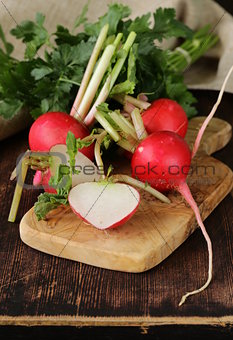 fresh ripe organic radishes on a wooden board
