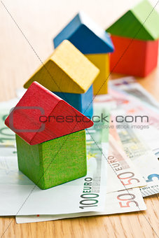 house made from wooden toy blocks with euro money