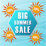 big summer sale and percentages off in suns, label in flat desig
