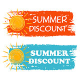 summer discount with yellow sun sign, orange and blue drawn labe