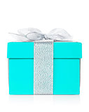 Blue gift box with silver ribbon and bow