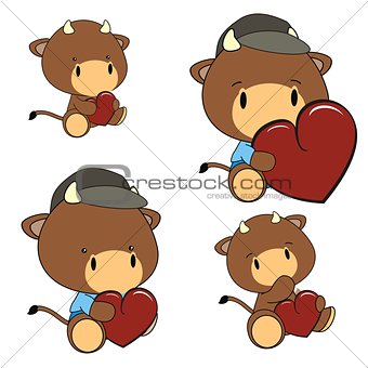 bull baby cartoon heart set