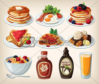 Classic breakfast cartoon set with pancakes, cereal, toasts and 